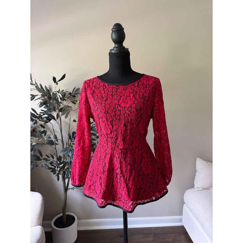 Allegra K Red Floral Lace Peplum Top Long Sleeve Round Neck Ribbon Tie Blouse M